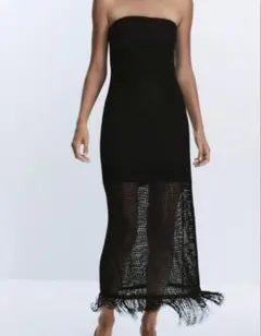 タグ付きZARA ザラ クロシェ編み ベアトップワンピース ロング フリンジ