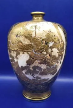 薩摩焼風 金彩武者絵 花瓶 紺地 金襴手 細密画 古美術 骨董