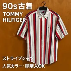 90sトミーヒルフィガー　ヴィンテージ　半袖シャツ　XL ストライプ　赤白　古着