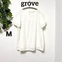 【グローブ】レース 刺繍 プルオーバー 半袖 ブラウス ホワイト M