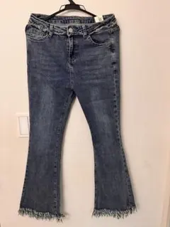 ブーツカットデニム ハイウェスト　ダークブルー フリンジ　XL