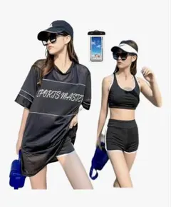 タンキニ水着 ３点セット ラッシュガード 付 体型カバー スポブラ パッド付