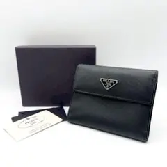 PRADA　プラダ　サフィアーノ　三つ折り財布　三角ロゴ　レザー　ブラック