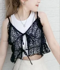 フラワー刺繍チュールリボンキャミビスチェ ブラック