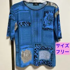 レディース　英字・ヒョウ柄プリント　カットソー　ブルー　サイズフリー　古着