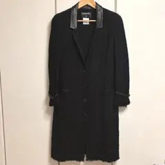 香奈兒 尺寸38 羊皮 斜紋軟呢 長大衣 黑色 絲綢內襯