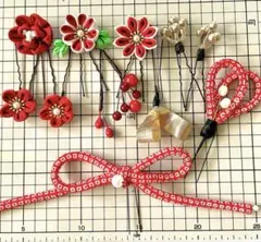 つまみ細工　髪飾り　紅色金色系統　成人式　卒業式　結婚式　七五三