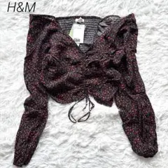 エイチアンドエム　ドローストリングフロント クレープブラウス　L ブラック　花柄