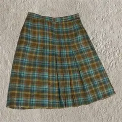 プリーツスカート ひざ丈 茶色・水色チェック　レトロ　チェック柄