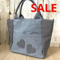 トートバッグ　ハンドメイド　デニムリメイク　ライトブルー×ヒッコリー【新品】