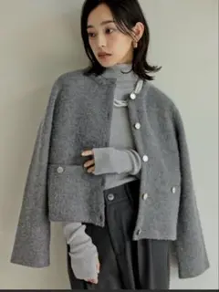 ニットゴールドボタンショートコート グレー リエディ