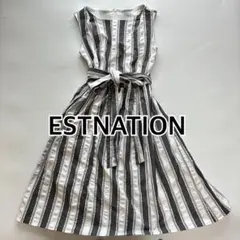 ESTNATION ストライプ ワンピース　Aライン　リボン　コットン　白　黒のサムネイル