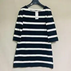 新品　UNIQLO ユニクロ　ワイドボーダー　ミニワンピース　七分袖　ブラック