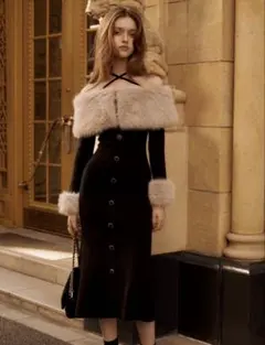 LIP SERVICE ファーオフショルボタンニットワンピース ブラック M