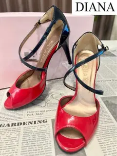 DIANA　バイカラー　オープントゥパンプス　ストラップ　赤　ネイビー　22cm