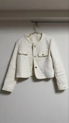 ホワイト ノーカラージャケット ツイード風