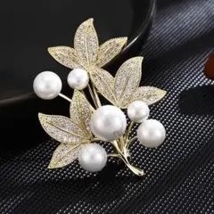 パール　エレガント　ブローチ　ニット　ゴールド リーフ コサージュ