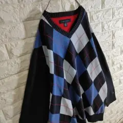 トミーヒルフィガー ニットセーター アーガイル柄 Vネック ブラック ブルー L