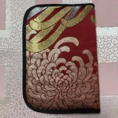 【帯リメイク】赤金花柄　通帳入れ　お薬手帳ケース　マルチケース