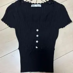 ZARA ブラックリブニットトップス XS 半袖　ニット