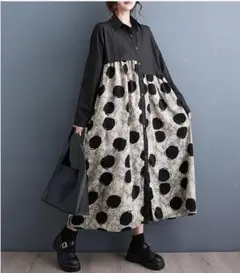 大きいサイズ レディース ロング　ワンピース　春 秋冬 長袖　ドット柄　韓国