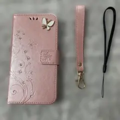 ピンク　草花　蝶　手帳型iPhoneケース