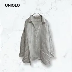 t105 ユニクロ リネンスキッパーシャツ 白ストライプ XL レディース 春秋のサムネイル
