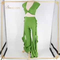 【ベリーダンス用衣装】グリーン レッスン着 上下セット 黄緑色 トップス パンツ