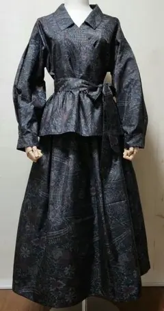 正絹7マルキ大島紬着物リメイクカシュクールブラウス&ギャザースカートのセット