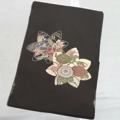 A◆着物くつろぎ 紅葉に花模様 型染め 縮緬 檳榔子染色 太鼓 正絹 名古屋帯