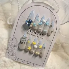 ネイルチップ 水色 オタク 推しネイル さくらんぼ スナ系 チェック