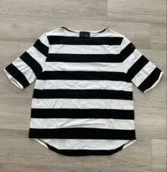 Le minorの白黒ストライプ 五分袖 Tシャツ