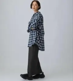 最終値下げ　lepsim フリンジチェックシャツチュニック ブルー