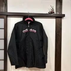 adidas アディダス中綿ジャケット黒 ピンクロゴ ジュニア160防寒アウター