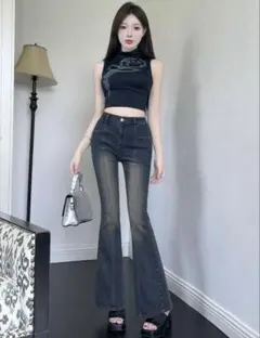 SHEIN DAZY フレアレッグジーンズ フレアデニム ダークウォッシュ