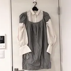 【2点セット】ナイロンチェックワンピース&袖リボンシャツ