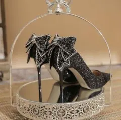華やかブラックグリッターパンプス 7cm パーティ プレゼント 24cm 黒