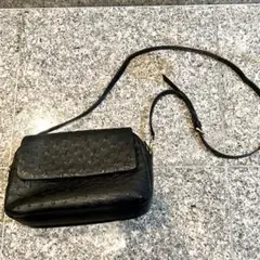 オーストリッチ レザー ショルダーバッグ ラウンドファスナー ブラック