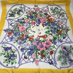 0415 ディオール　スカーフ　花　鳥　イエロー　汚れ,糸ツレあり※値下げ不可.