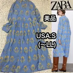 美品【ザラ ZARA】花柄 刺繍長袖 シャツワンピース ロングワンピース 青 黄