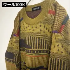 【個性派古着】美品　幾何学模様オリーブグリーンニット　ウール100% 日本製　L