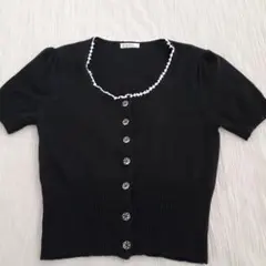 花ボタン黒カーディガンM