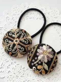 【No.287】インド刺繍 くるみボタン38㎜ ヘアゴム 2個セット