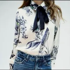 ZARA リボン付きプリント柄シャツM 花柄
