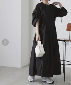 forksy ブラック ロングシャツワンピース ギャザー袖