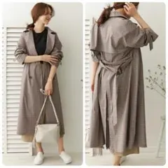 美品 DOORS グレンチェック ロング トレンチコート 春 ブラウン