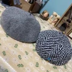 ウール ベレー帽 グレーと黒白ストライプ