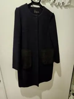 M-PREMIER ネイビー ノーカラー ファーポケット付き