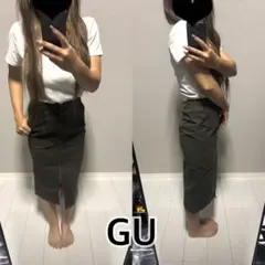 GU フロントジップ ロングタイトスカート カーキ