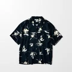 ヴィンテージ 開襟シャツ 黒 花柄 シルク 半袖 アロハ 総柄 オープンカラー